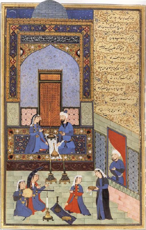 Ali She Nawat Prince Bahram-i-Gor,dressed in blue,listen to the tale of the Princess of the Blue Pavilion oil painting image